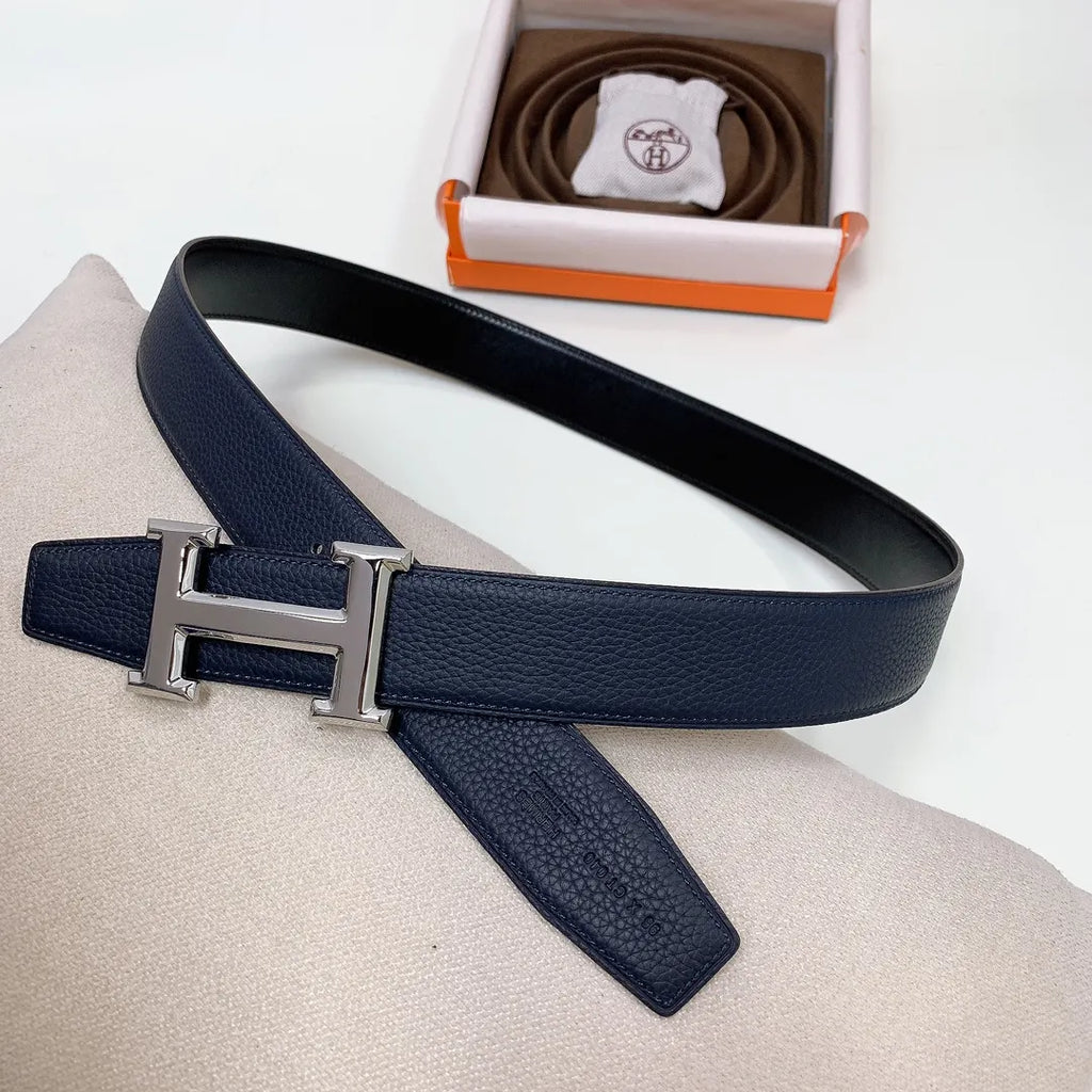 silver Hermes Navy Blue Leather Belt - Hình 2