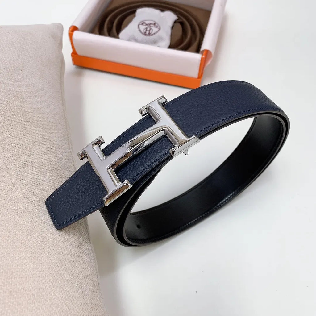 silver Hermes Navy Blue Leather Belt