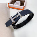 silver Hermes Navy Blue Leather Belt
