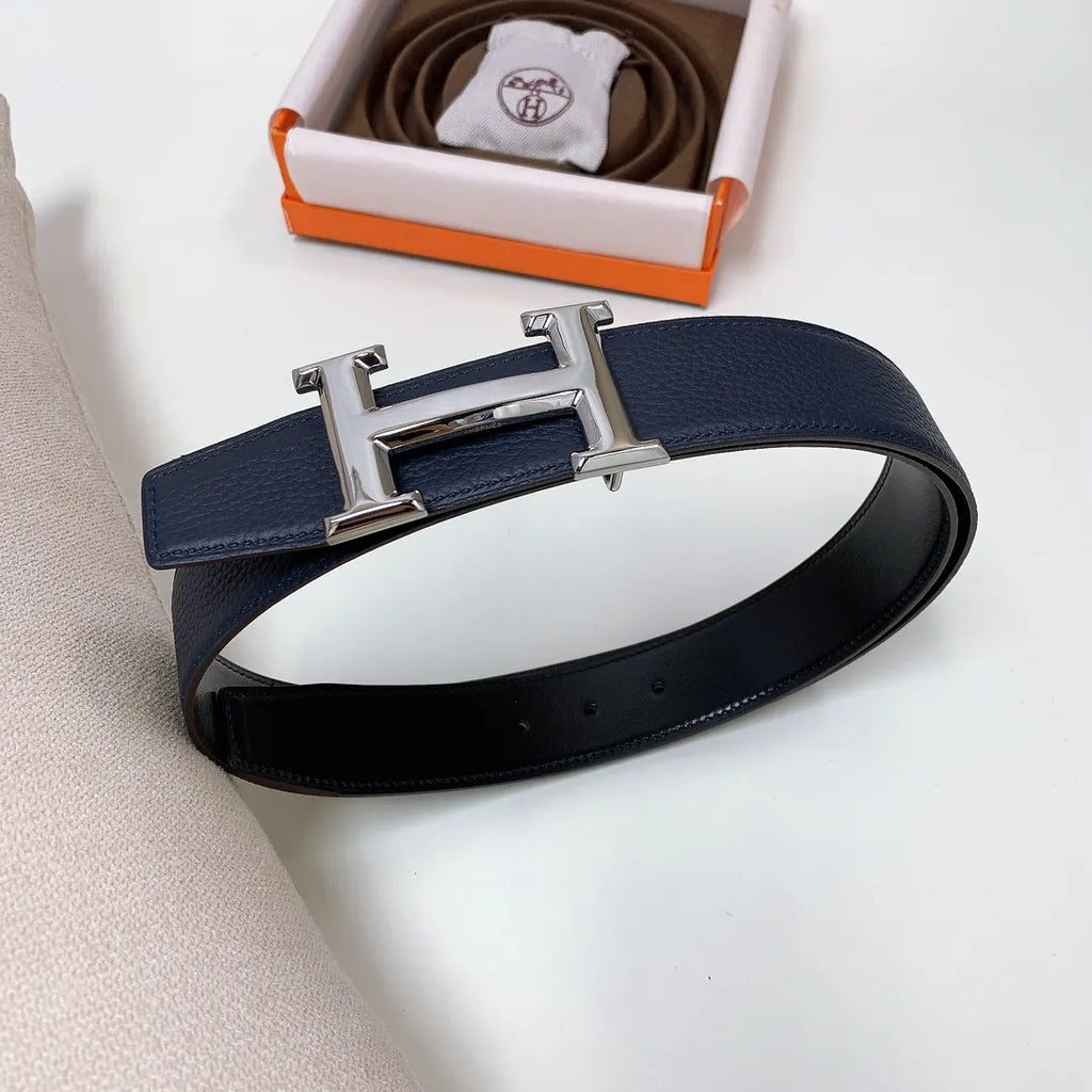 silver Hermes Navy Blue Leather Belt - Hình 5