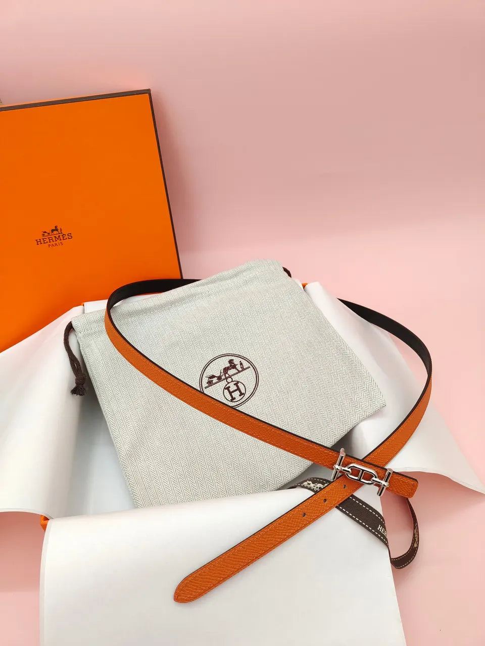 silver mini Hermes Orange Leather Belt - Hình 3