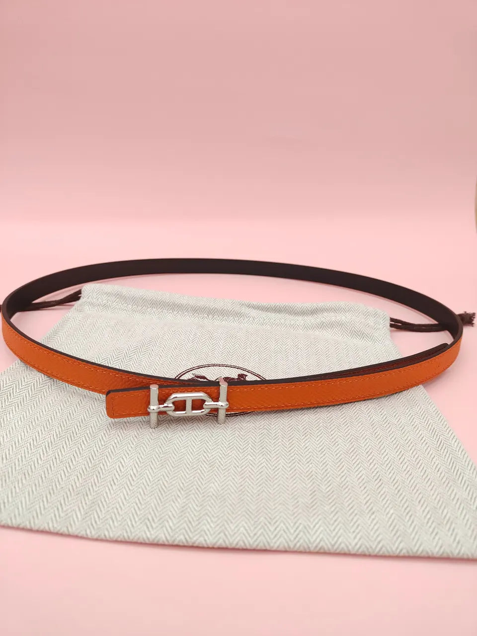 silver mini Hermes Orange Leather Belt - Hình 2