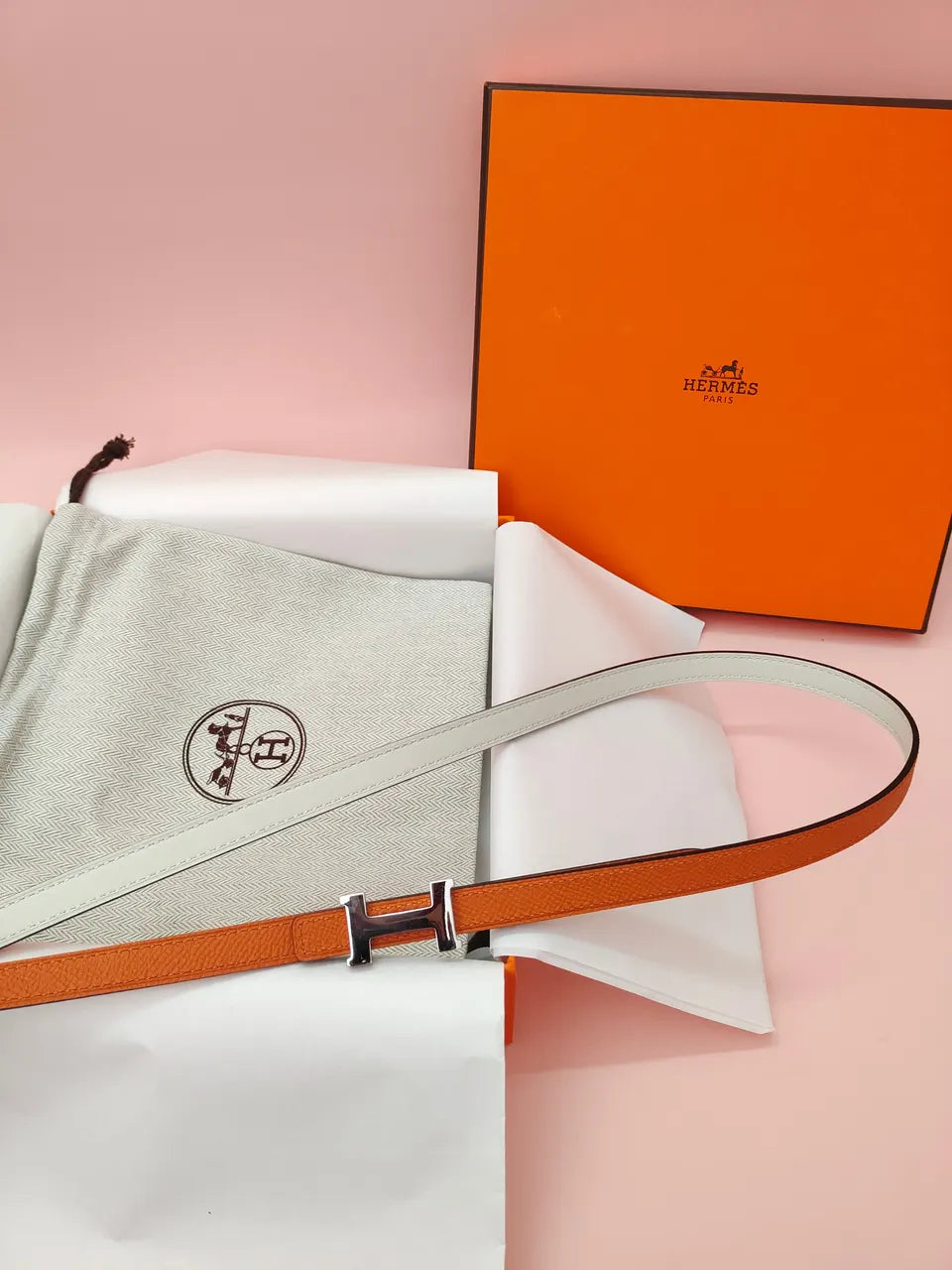silver Hermes Orange Leather Belt - Hình 5