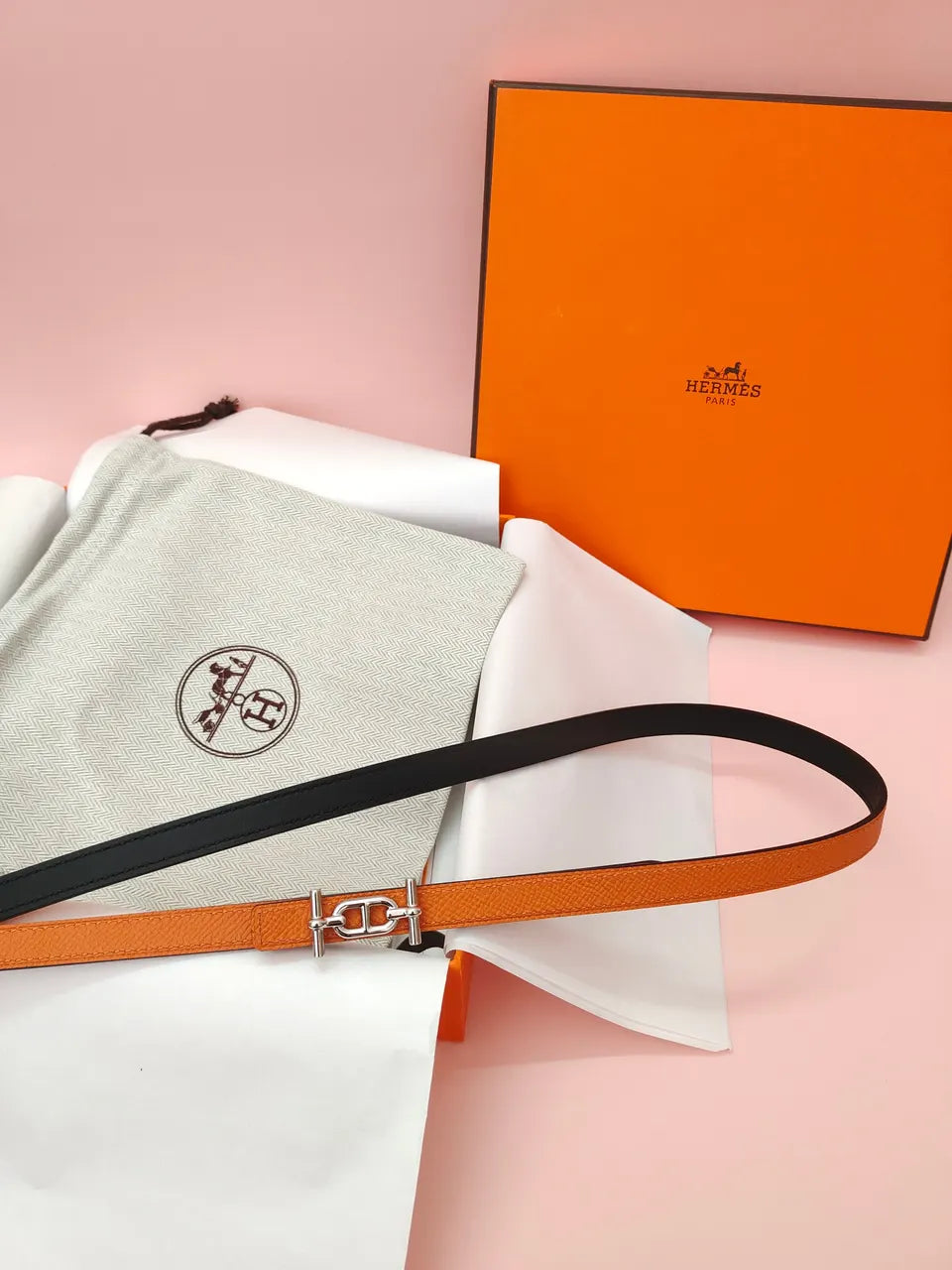 silver mini Hermes Orange Leather Belt - Hình 5