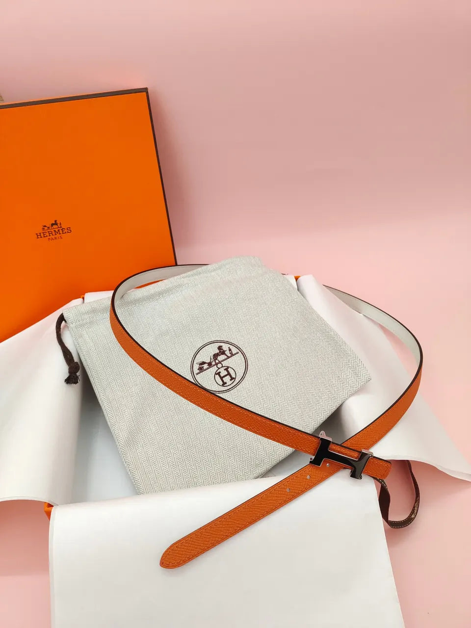 silver Hermes Orange Leather Belt - Hình 3