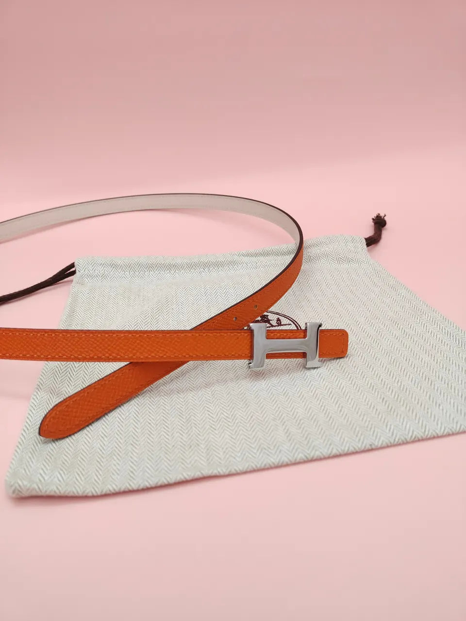 silver Hermes Orange Leather Belt - Hình 4