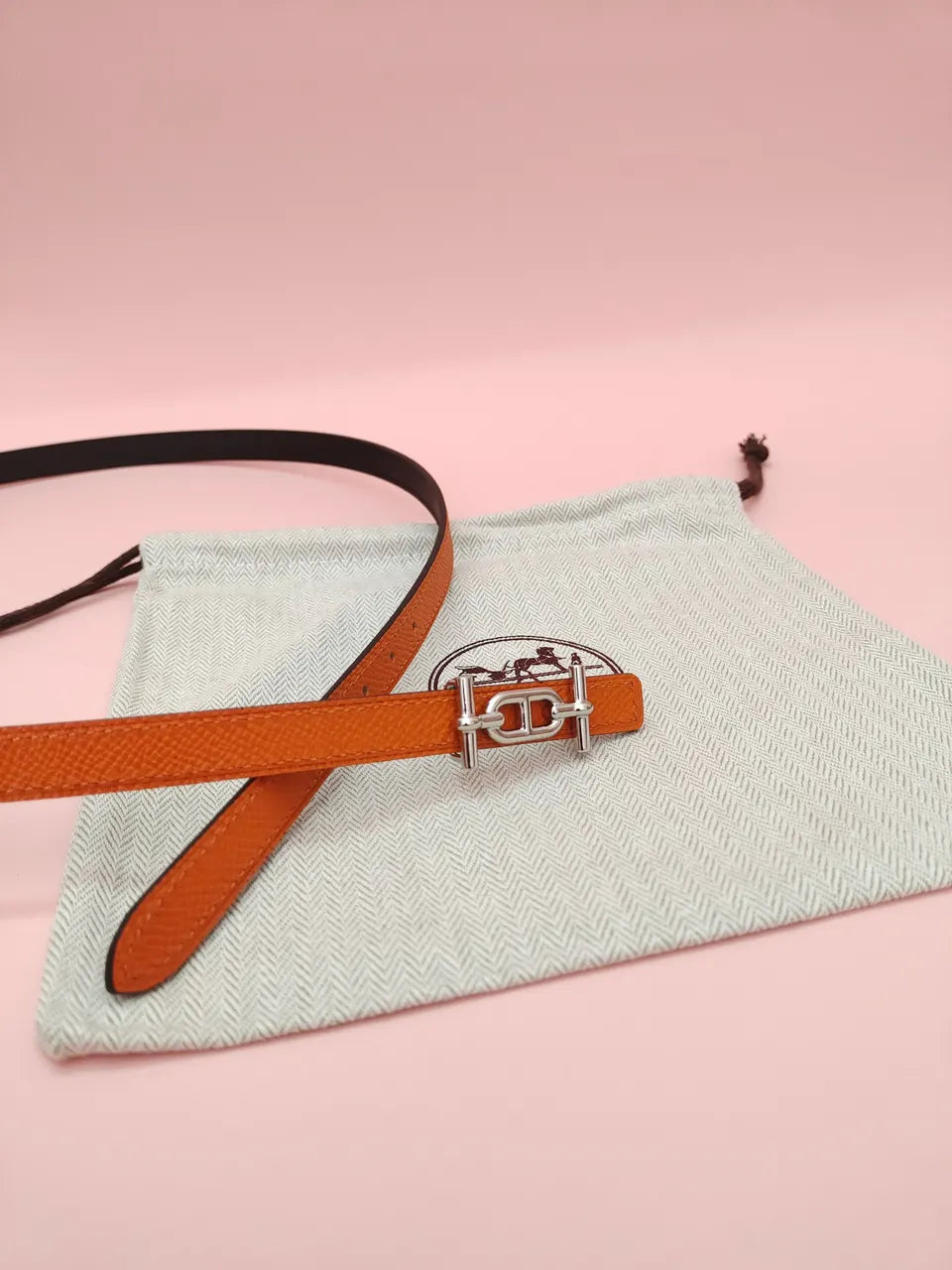 silver mini Hermes Orange Leather Belt - Hình 4