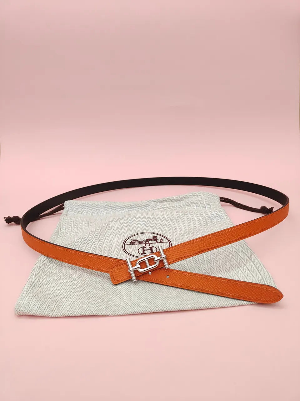 silver mini Hermes Orange Leather Belt