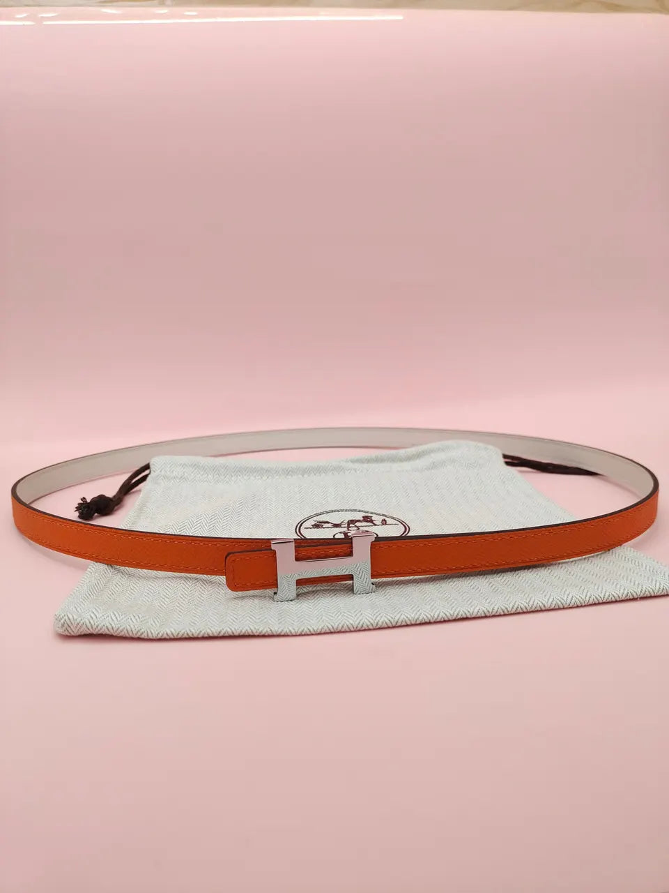 silver Hermes Orange Leather Belt - Hình 2