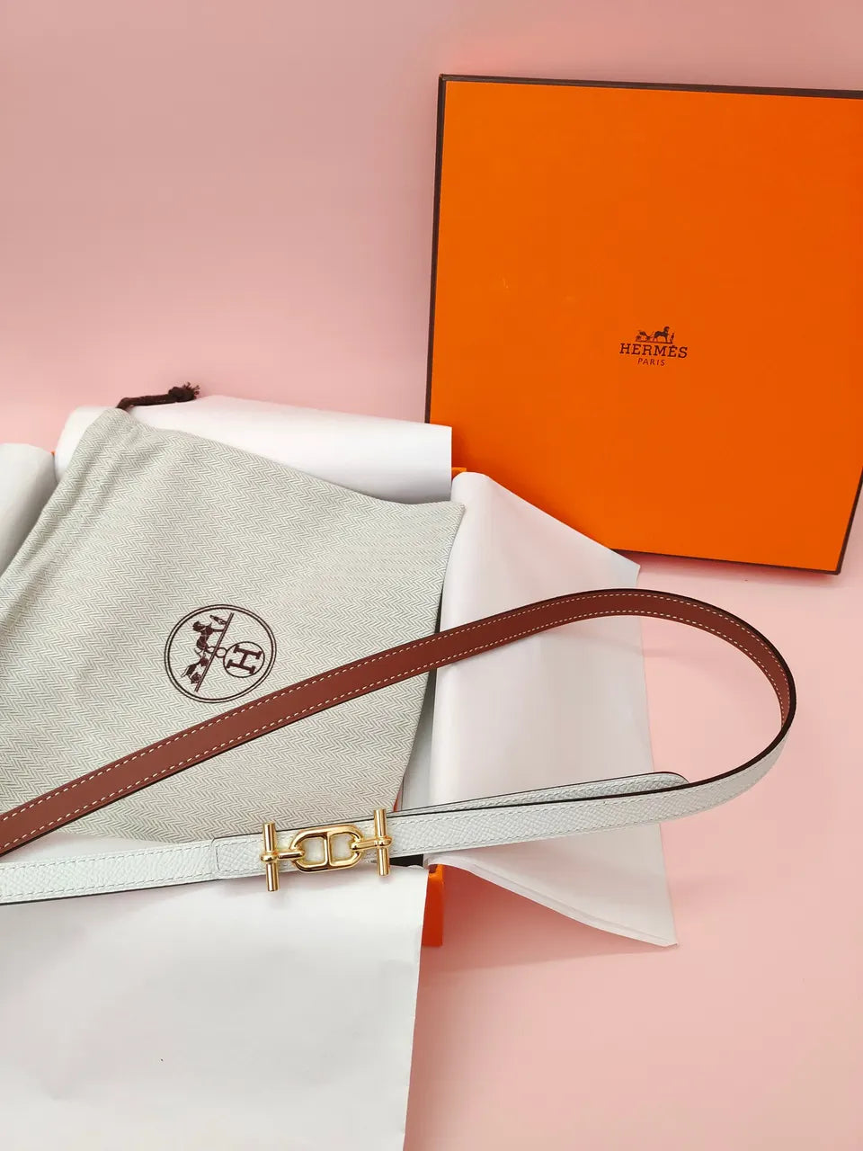 Hermes White Epsom Leather Belt gold - Hình 5