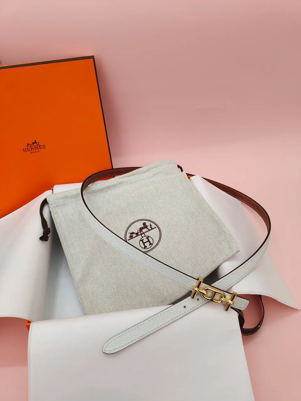 Hermes White Epsom Leather Belt gold - Hình 3