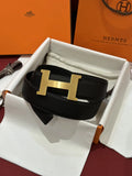 gold buckle Hermes Matte Black Leather Belt