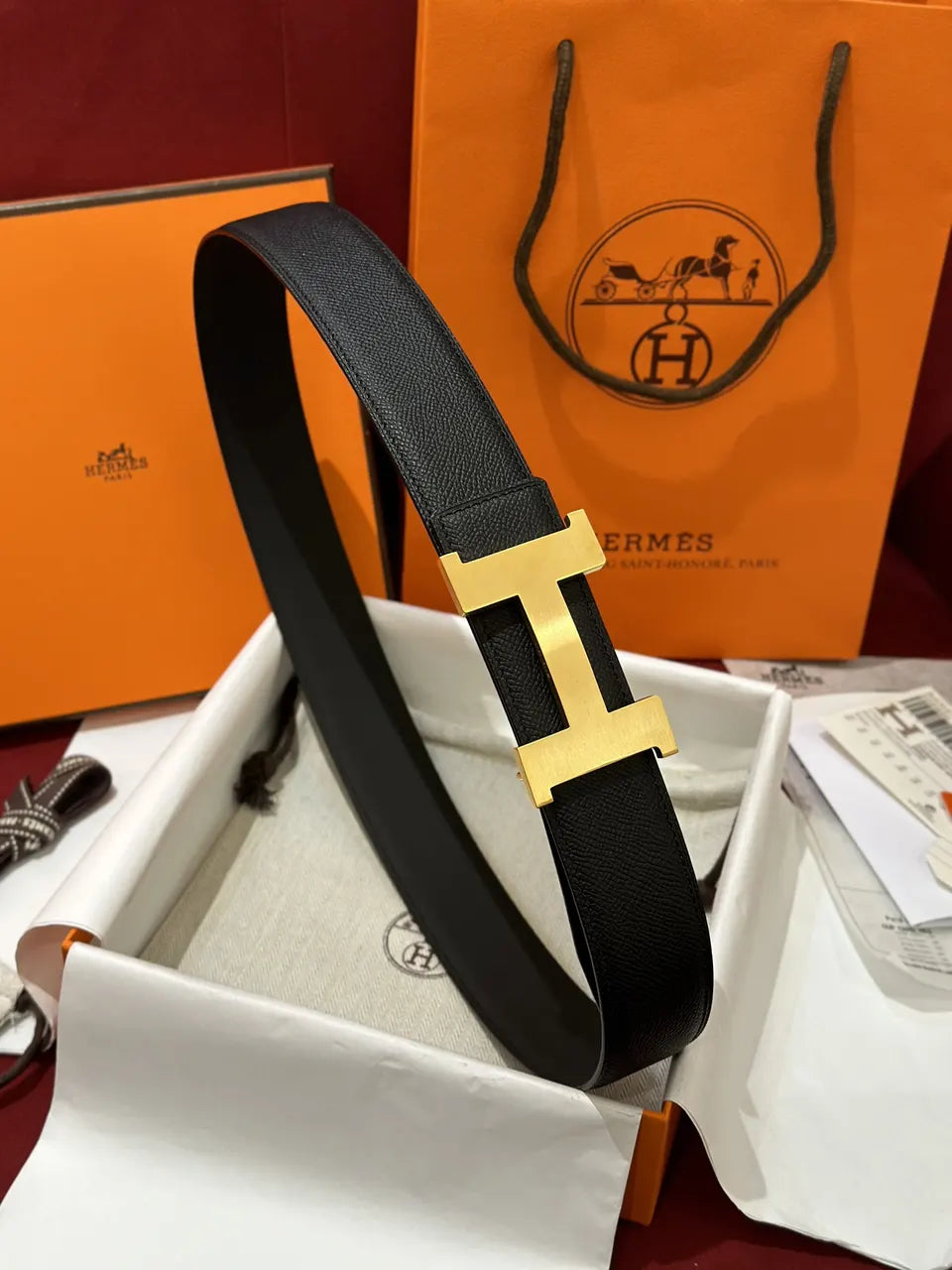 gold buckle Hermes Matte Black Leather Belt - Hình 3