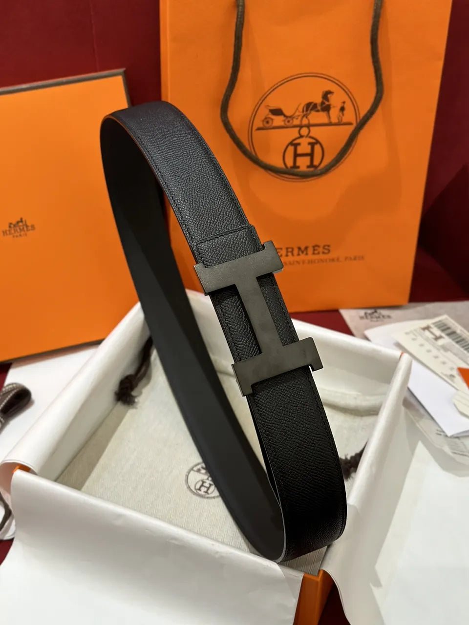 gunmetal Hermes Matte Black Leather Belt - Hình 3