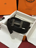 gunmetal Hermes Matte Black Leather Belt