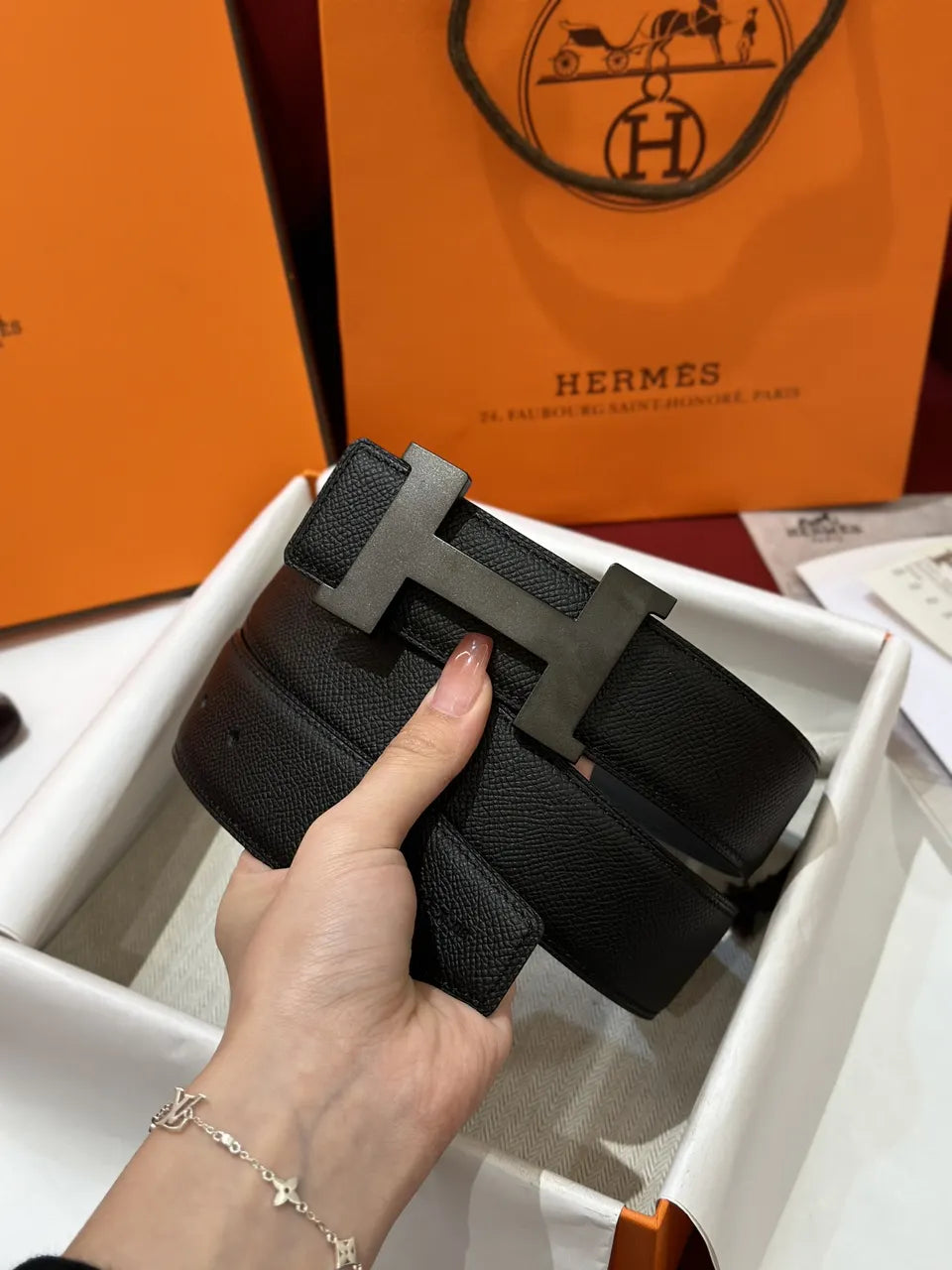 gunmetal Hermes Matte Black Leather Belt - Hình 2