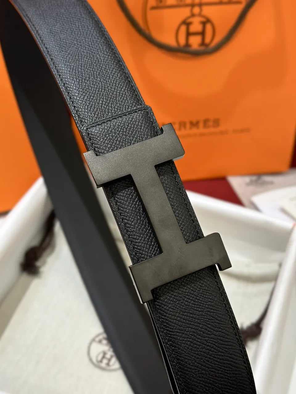 gunmetal Hermes Matte Black Leather Belt - Hình 4