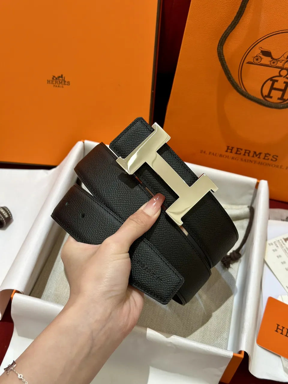 Hermes Black Togo Leather Belt