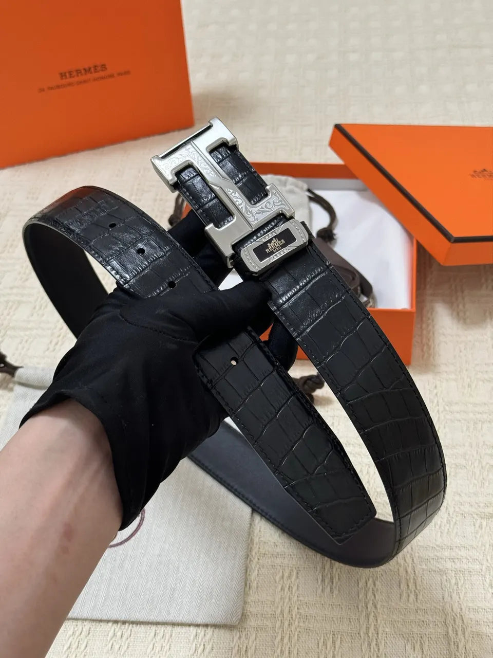 Hermes Black Alligator Belt silver buckle - Hình 4