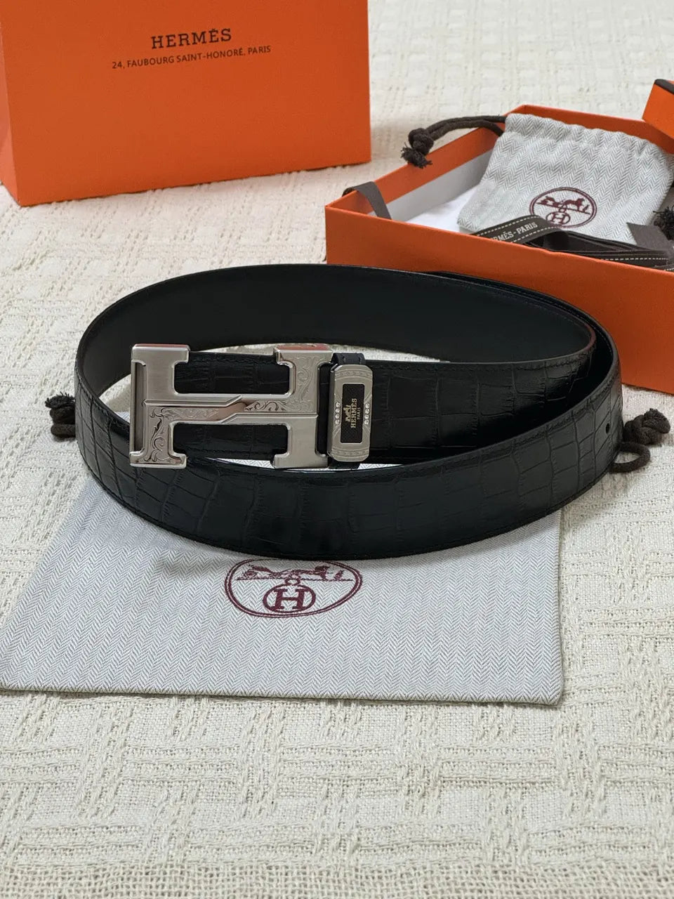 Hermes Black Alligator Belt silver buckle - Hình 9