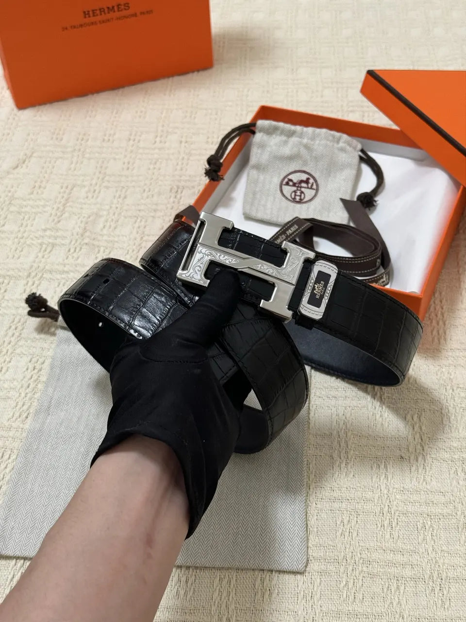 Hermes Black Alligator Belt silver buckle - Hình 2