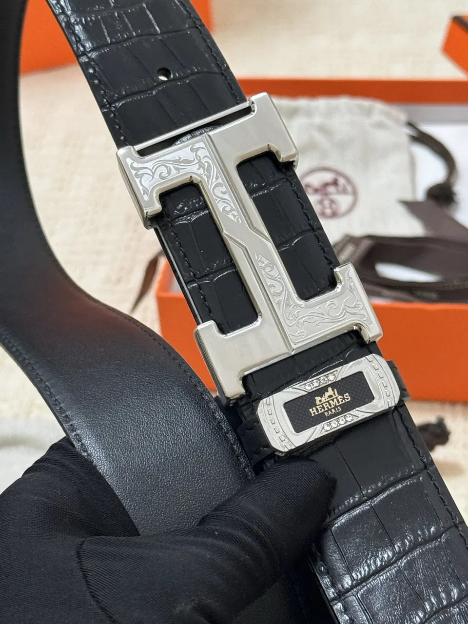 Hermes Black Alligator Belt silver buckle - Hình 6