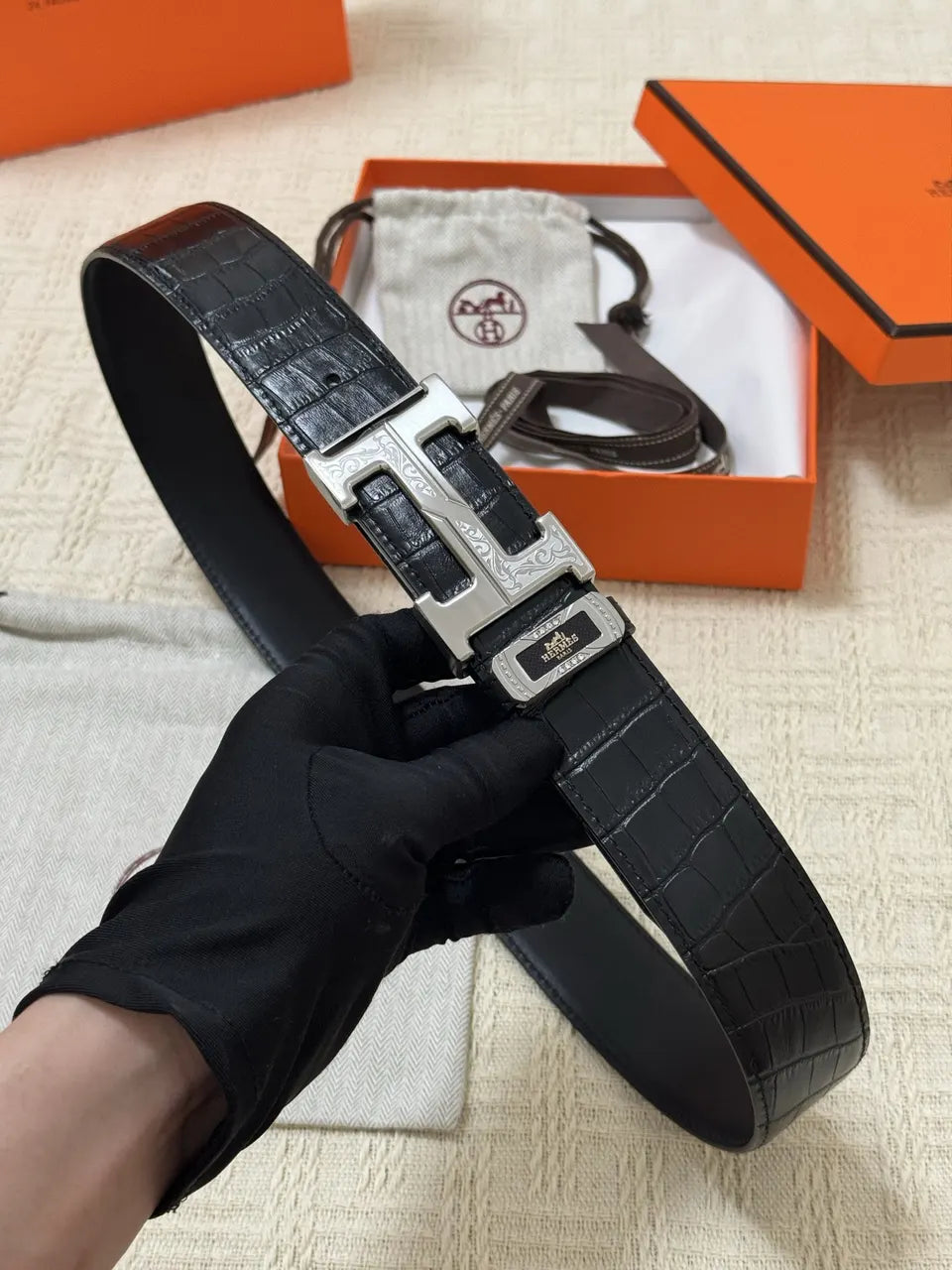 Hermes Black Alligator Belt silver buckle - Hình 5
