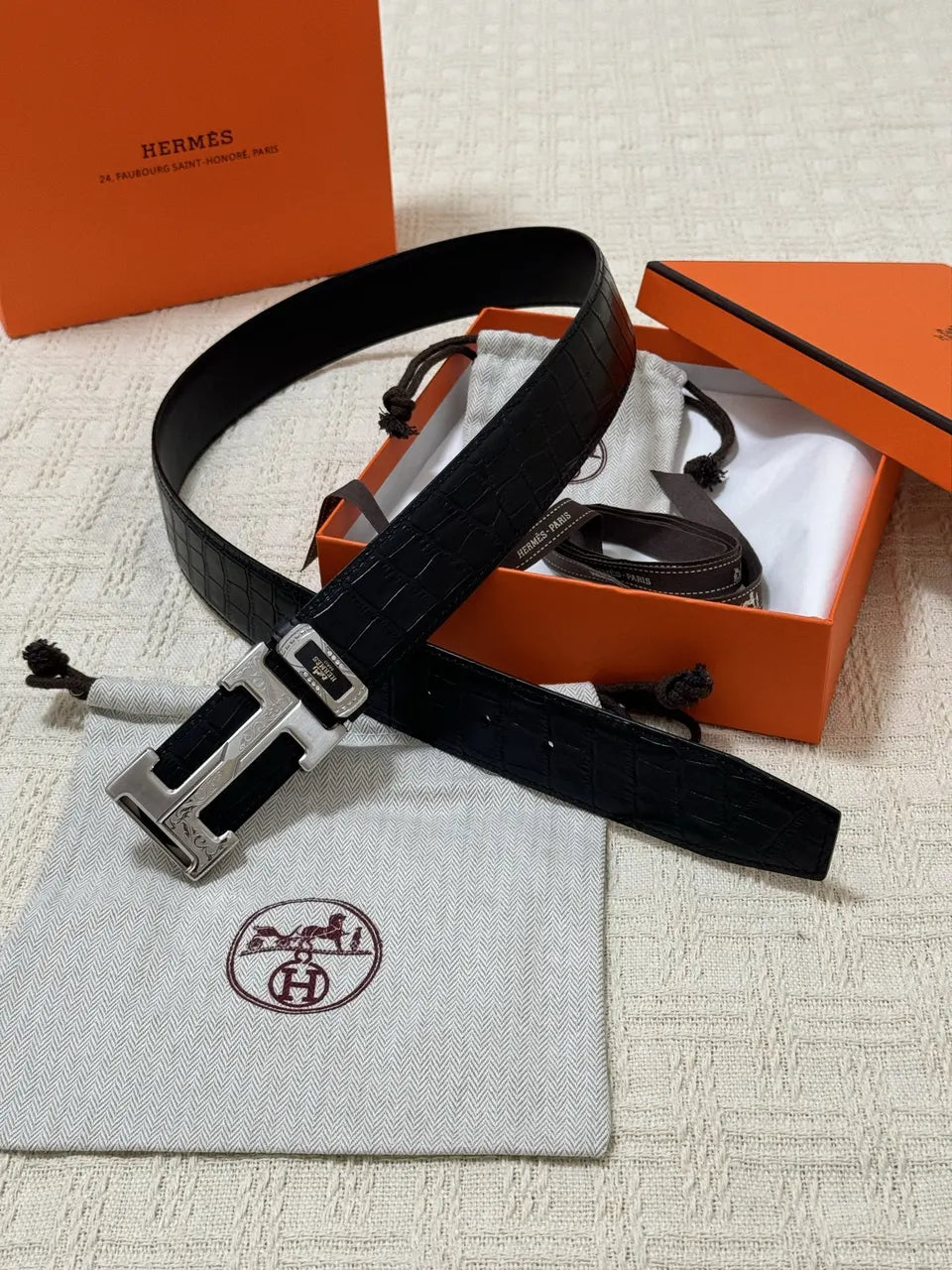 Hermes Black Alligator Belt silver buckle