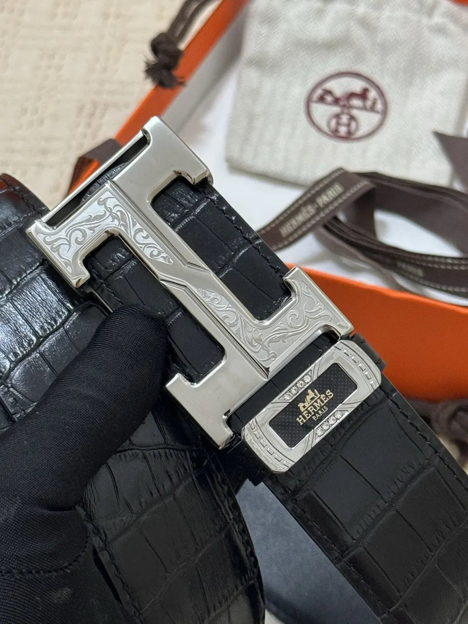 Hermes Black Alligator Belt silver buckle - Hình 3