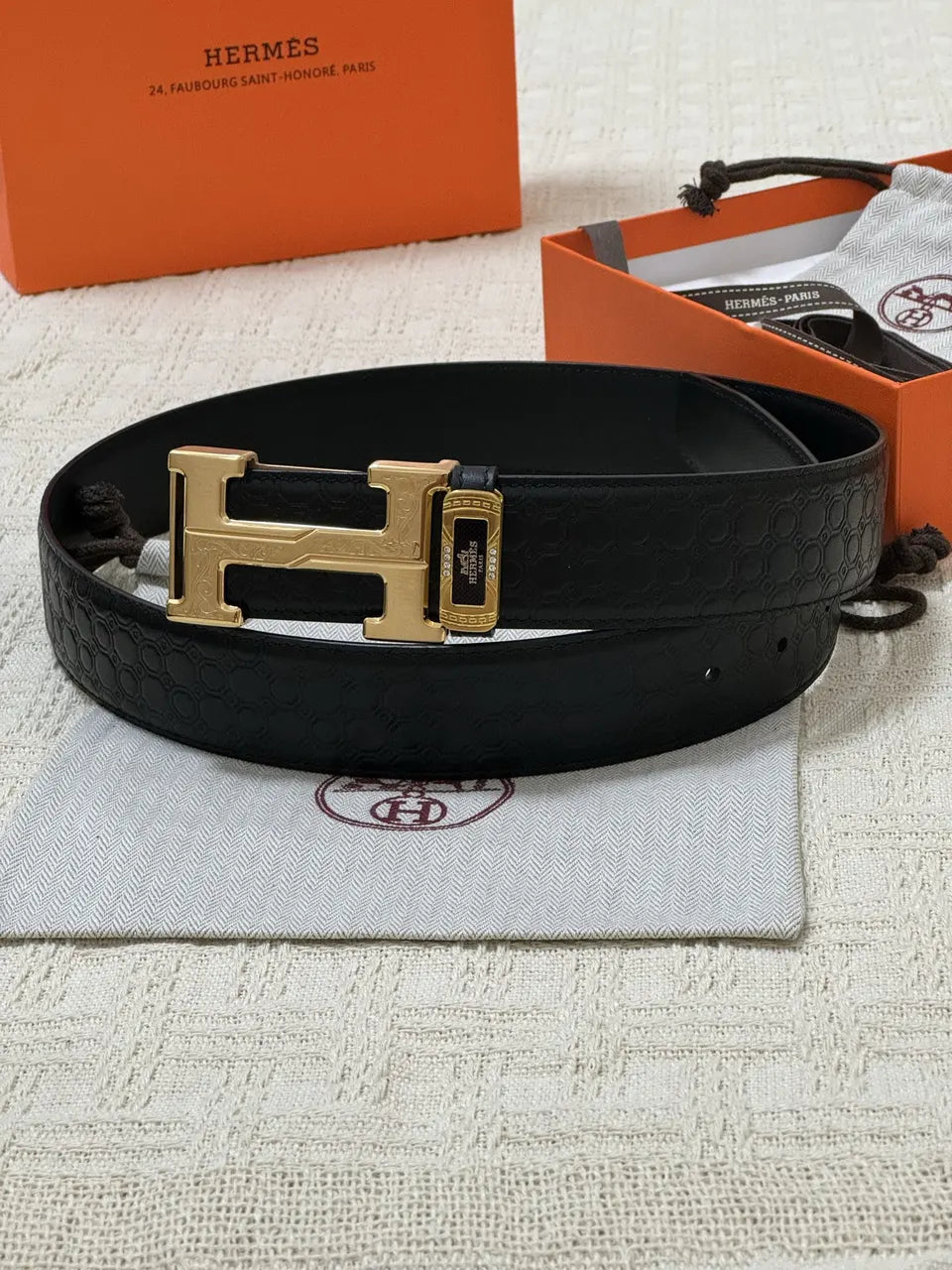 Hermes Black Honeycomb Leather Belt - Hình 8