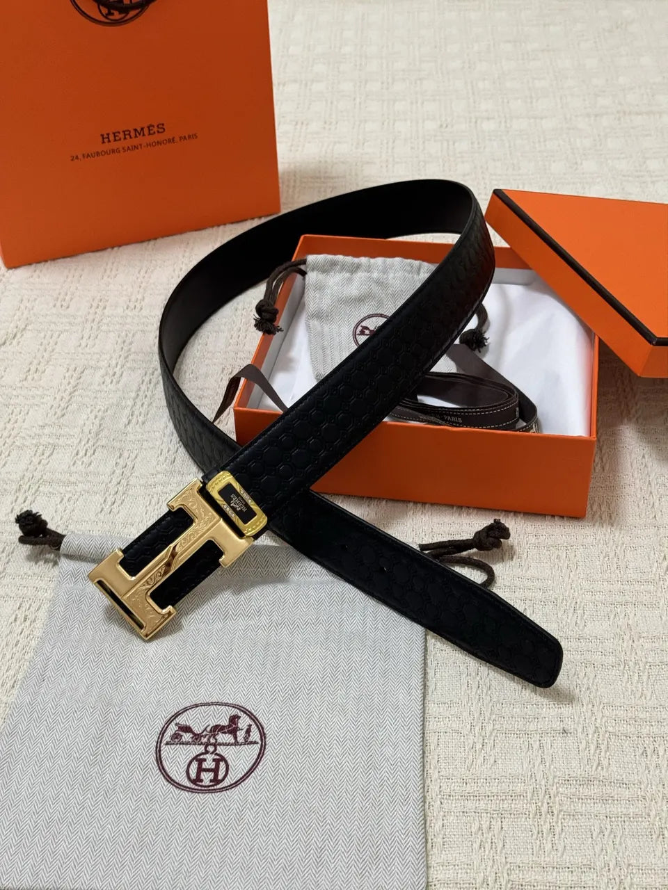 Hermes Black Honeycomb Leather Belt