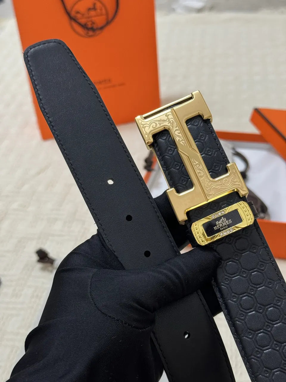 Hermes Black Honeycomb Leather Belt - Hình 7