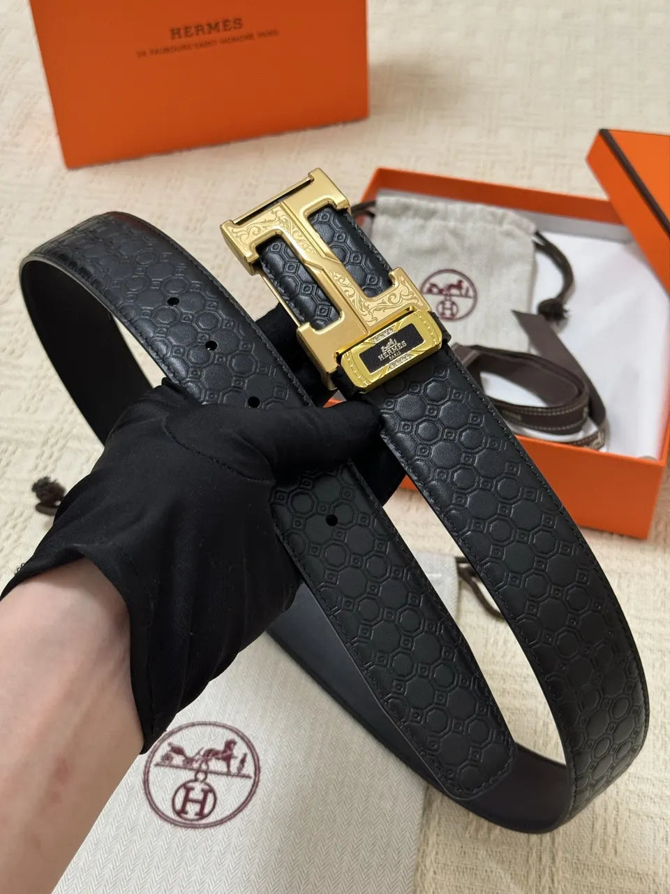 Hermes Black Honeycomb Leather Belt - Hình 4