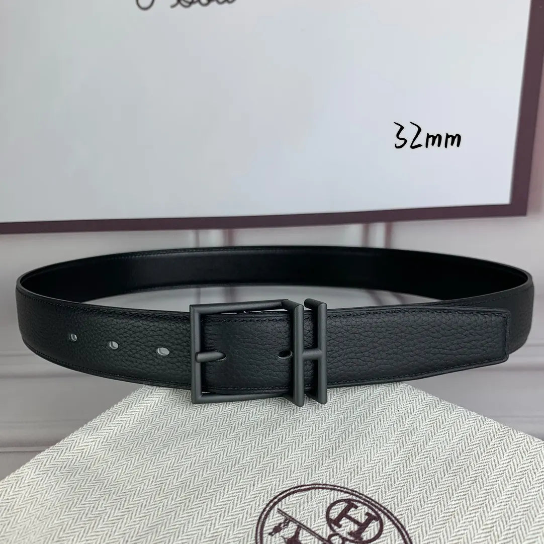 32mm Hermes Matte Black Leather Belt