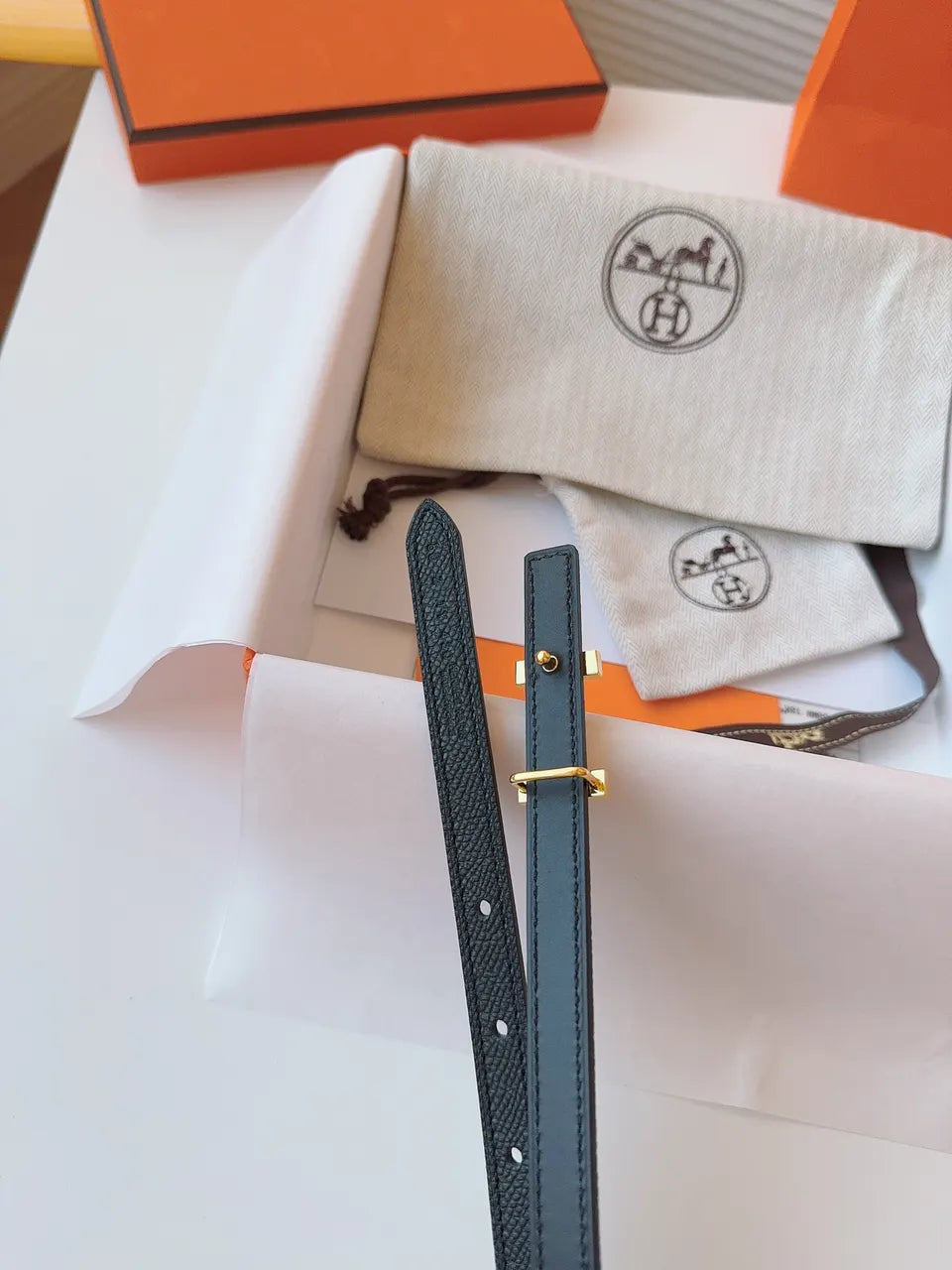 gold Hermes Noir Leather Bracelet - Hình 8