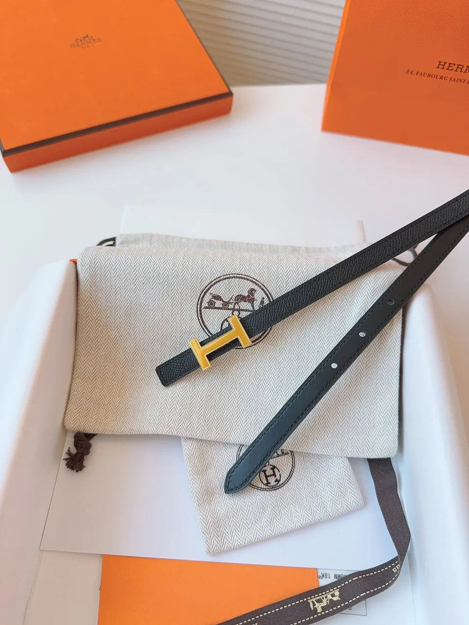 gold Hermes Noir Leather Bracelet - Hình 6