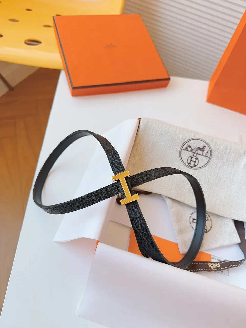 gold Hermes Noir Leather Bracelet - Hình 7