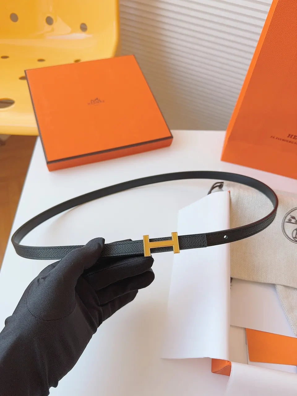 gold Hermes Noir Leather Bracelet - Hình 2