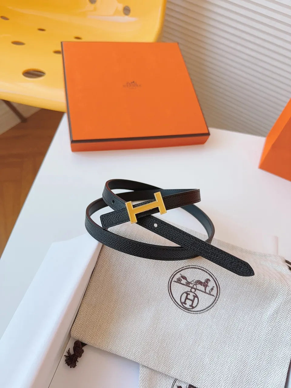 gold Hermes Noir Leather Bracelet - Hình 5