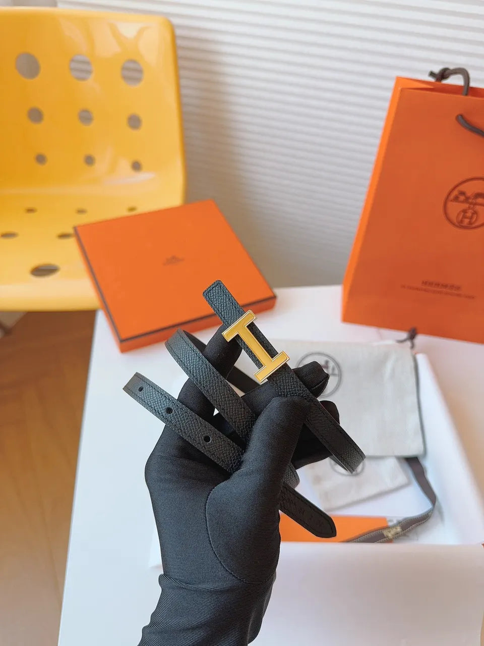 gold Hermes Noir Leather Bracelet