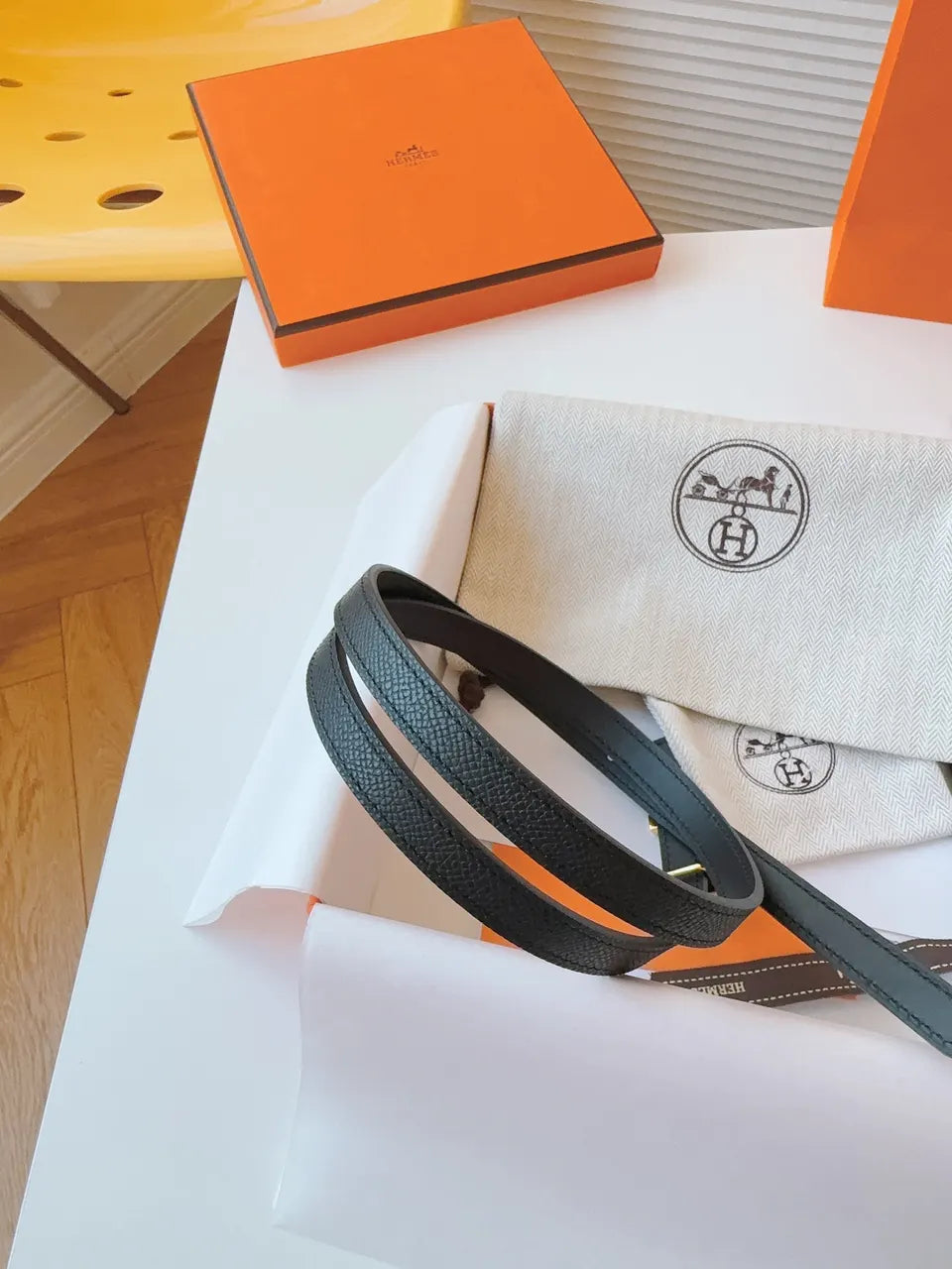 gold Hermes Noir Leather Bracelet - Hình 9