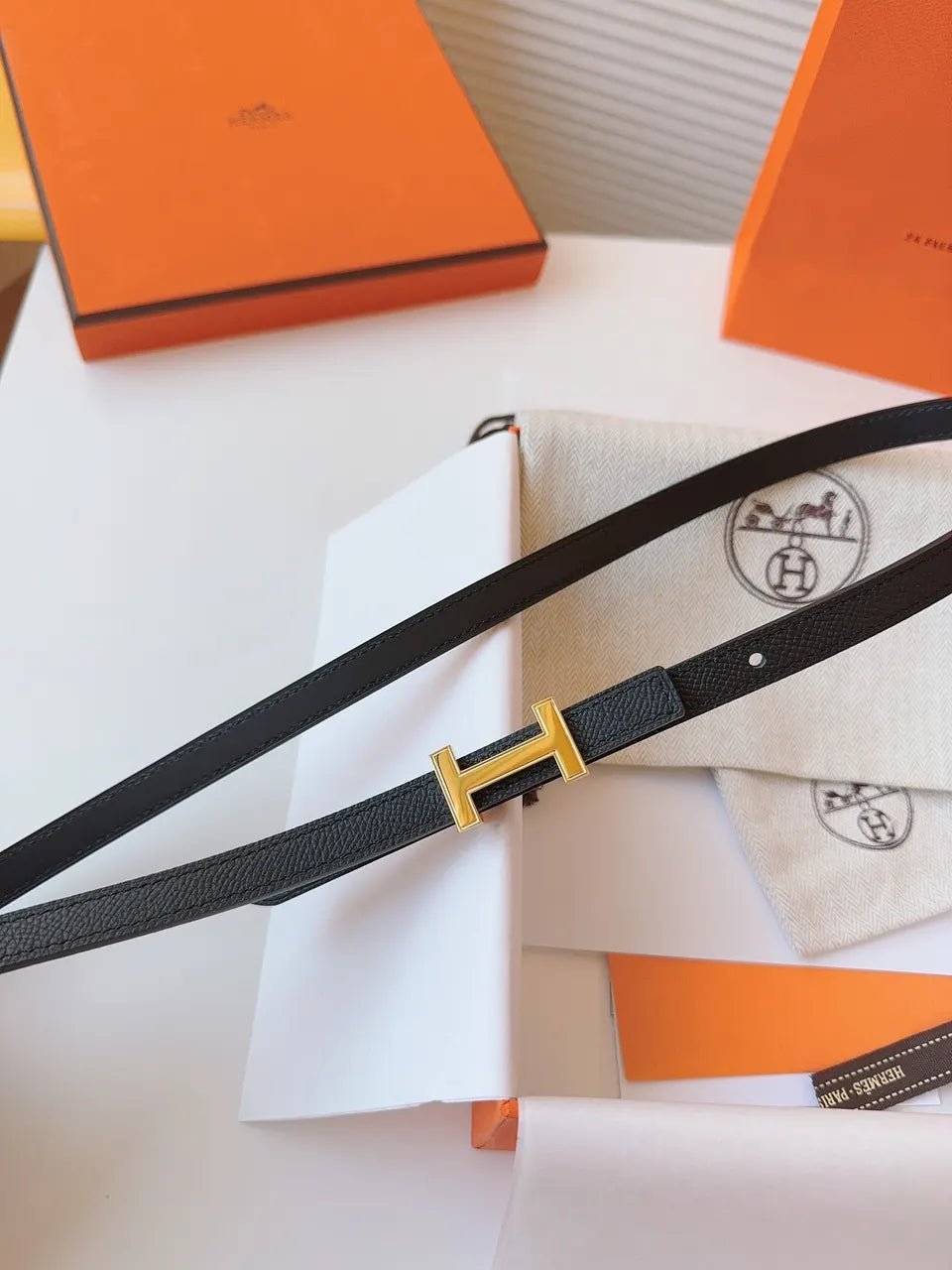 gold Hermes Noir Leather Bracelet - Hình 3