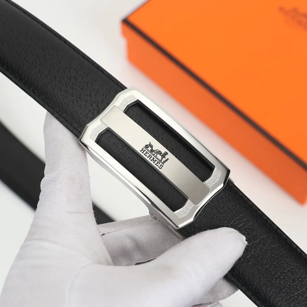 Hermes Rectangular Buckle Black Leather Belt