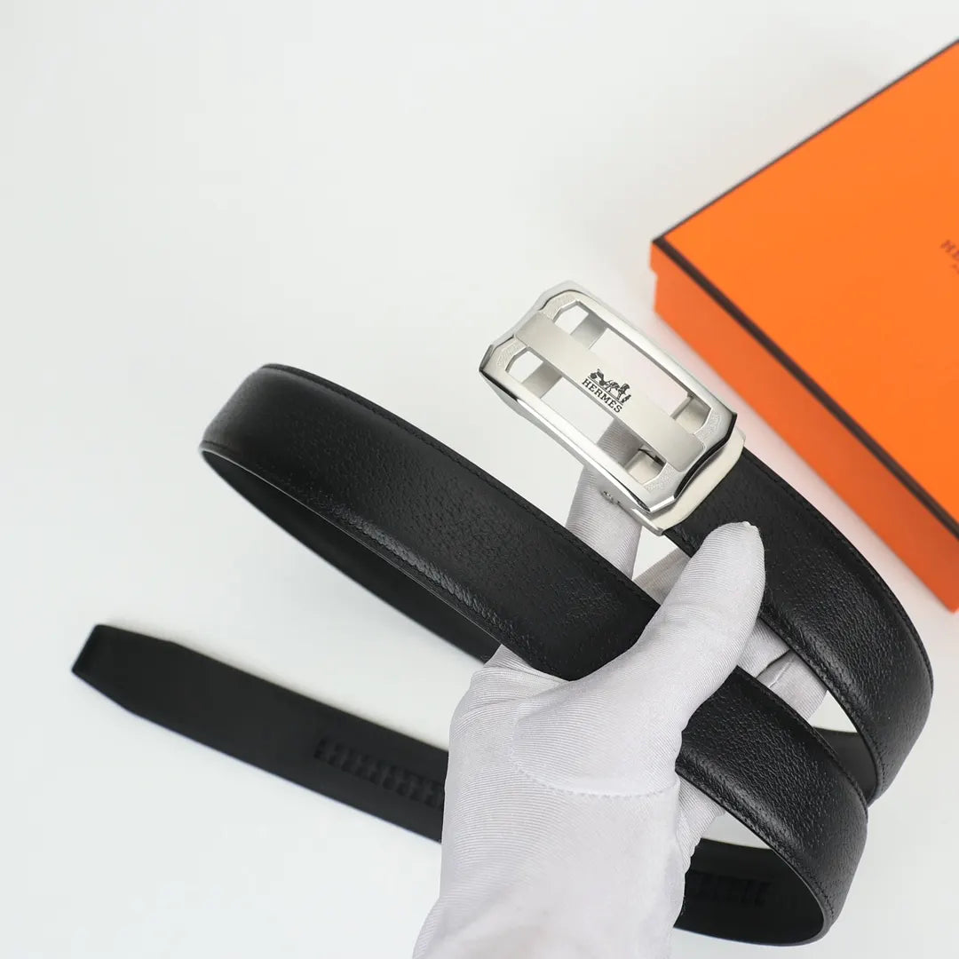 Hermes Rectangular Buckle Black Leather Belt - Hình 3