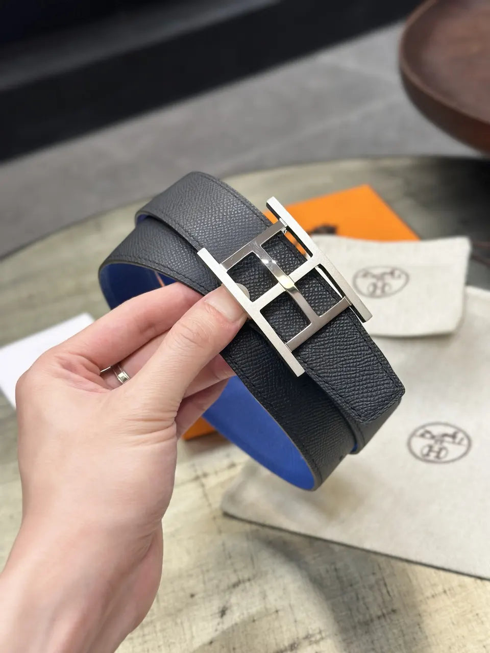 Hermes Royal Blue Leather Belt - Hình 8