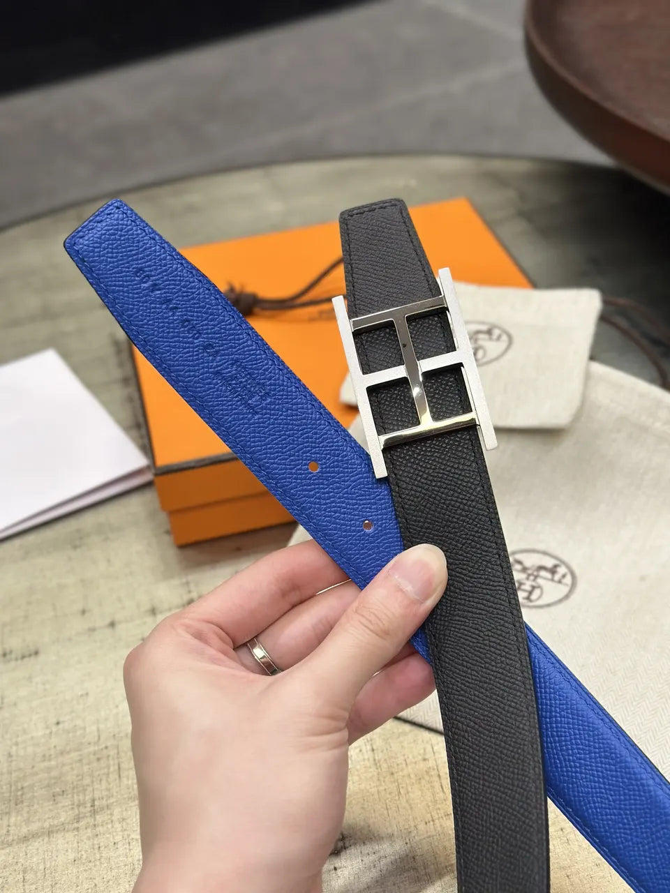 Hermes Royal Blue Leather Belt - Hình 6