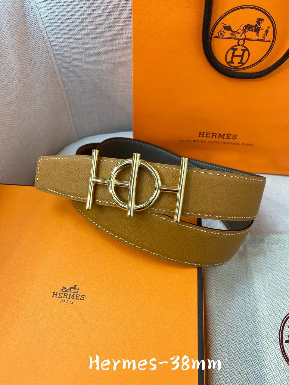 Hermes Gold Buckle Leather Belt - Hình 3