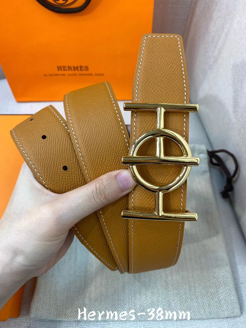 Hermes Gold Buckle Leather Belt - Hình 4