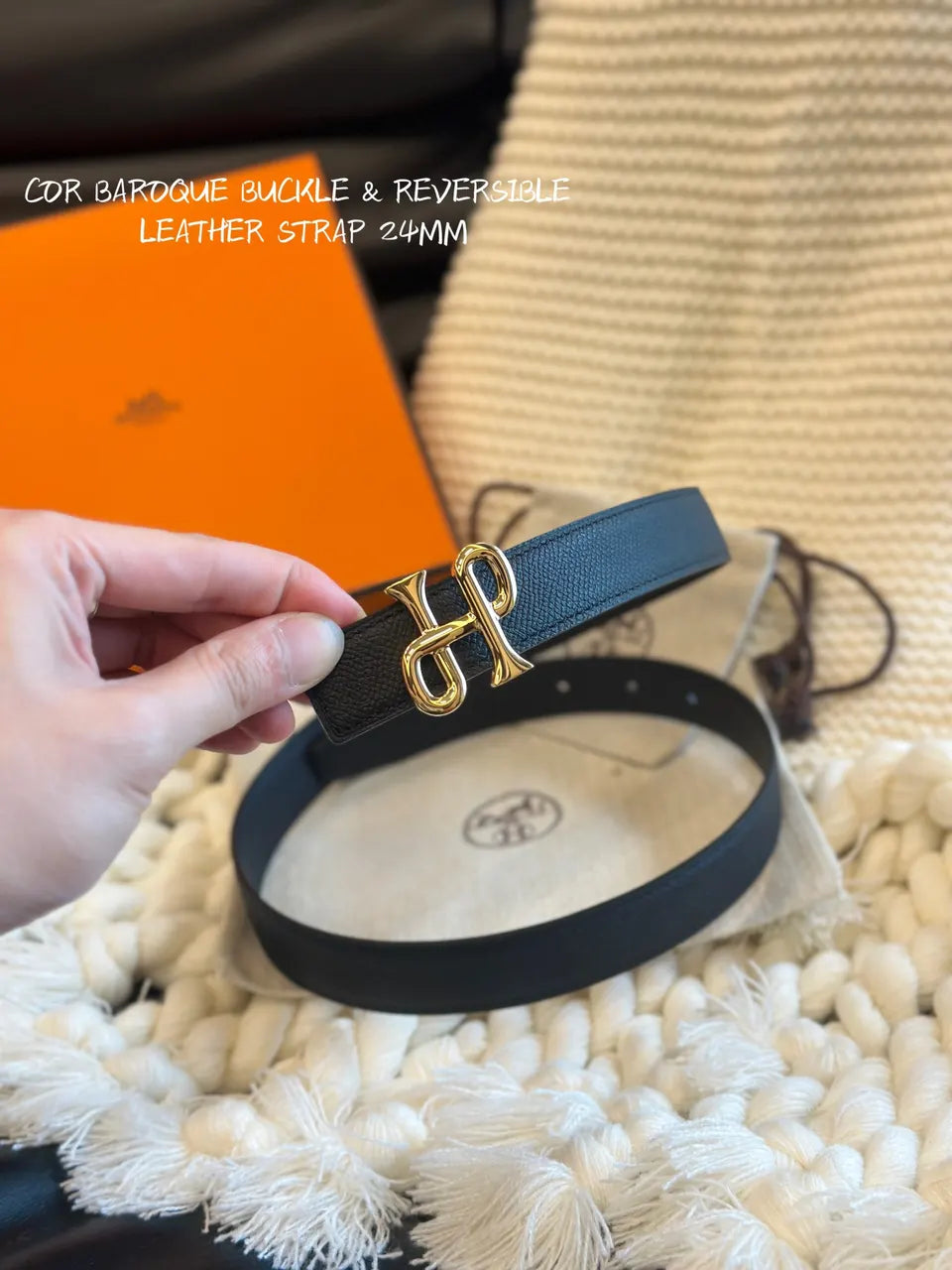 baroque Hermes Black Reversible Leather Belt - Hình 2