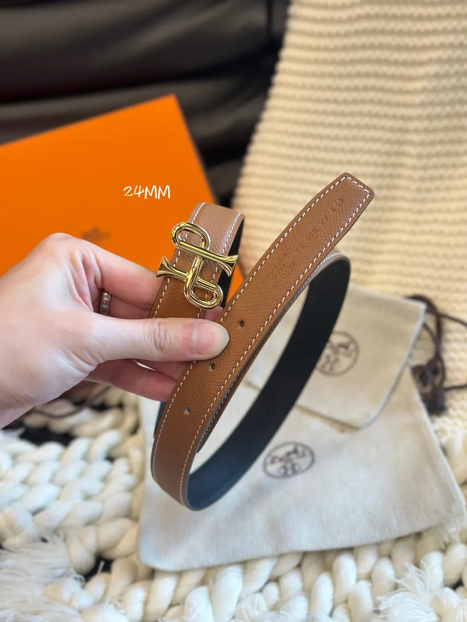buckle 24mm Hermes Black Leather Belt Gold - Hình 4
